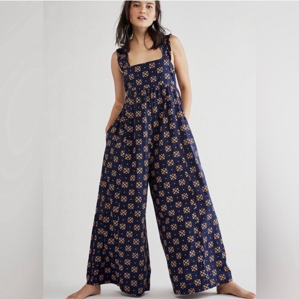 Free People Navy Blue Floral Wide-Leg Jumpsuit